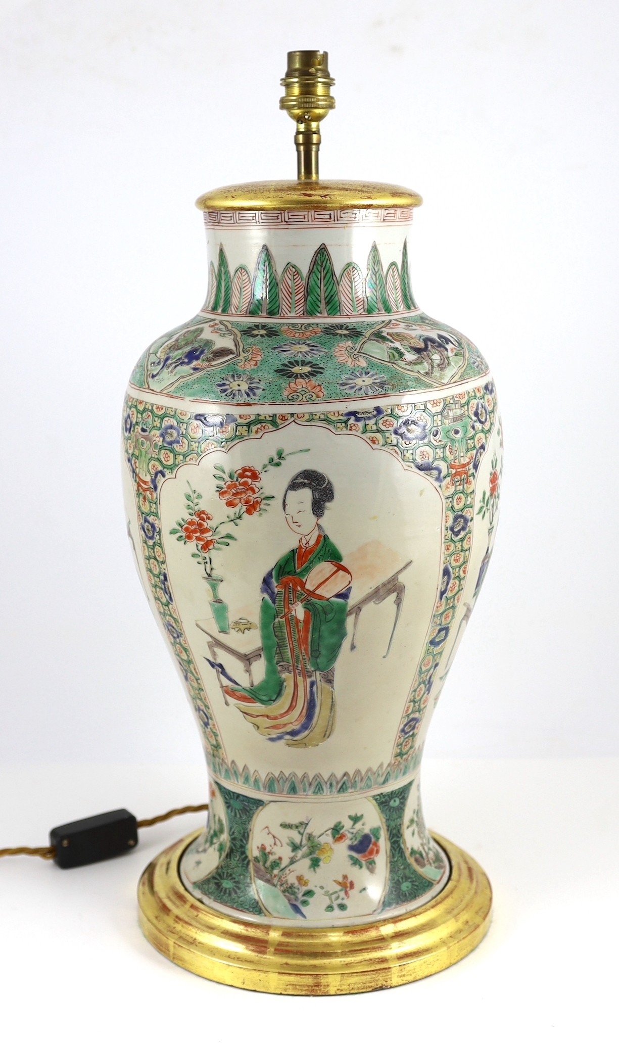 A Chinese famille verte baluster ‘Four Beauties’ baluster vase, Kangxi period, vase 42cm high, lower third restored, base lacking and mounted as a lamp, total height 53cm
